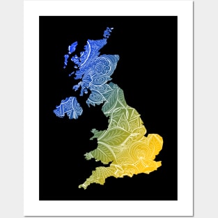 Colorful mandala art map of United Kingdom with text in blue and yellow Posters and Art